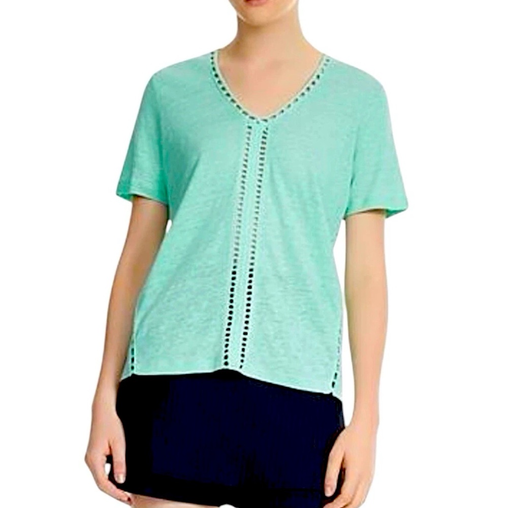 Maje Linen Knit Crochet Detail Aqua V Neck Short Sleeve Top L